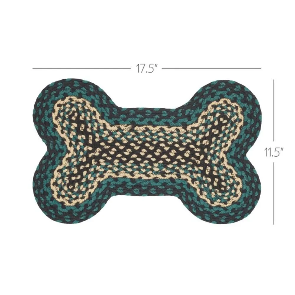 Farmhouse Green Black Cream Jute Braided Bone Shaped Dog Feeder Mat Pet